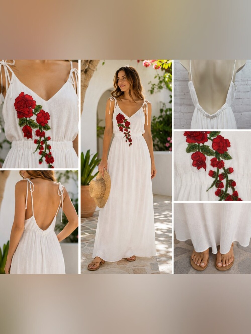 say what? white embroidered rose open back maxi dress medium boho